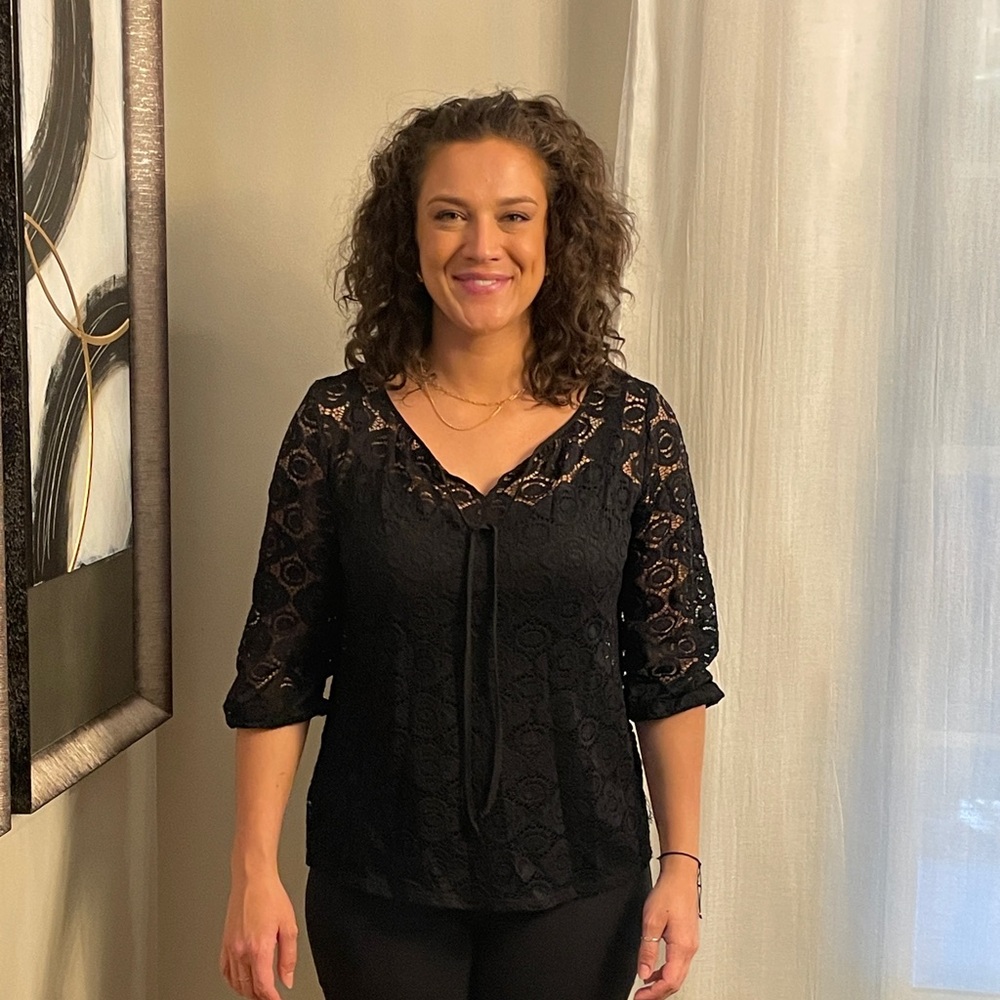 Women’s Size Medium Sheer Floral Top, with built in camisole. Color: Black